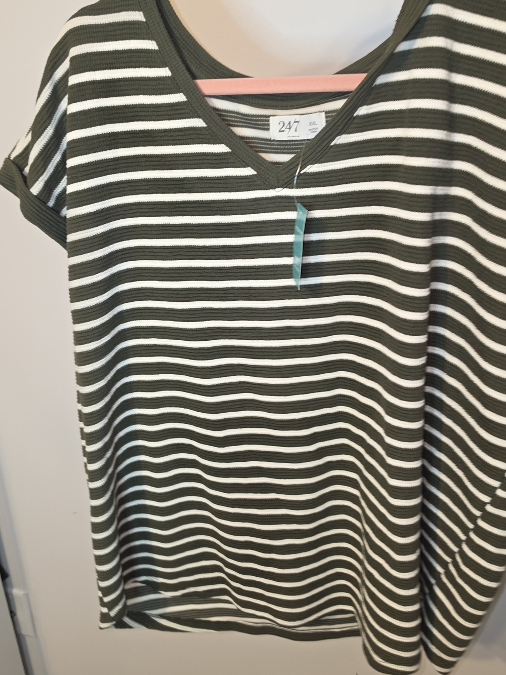 Maurices Olive Green and White Striped V-Neck Short Sleeve Tee